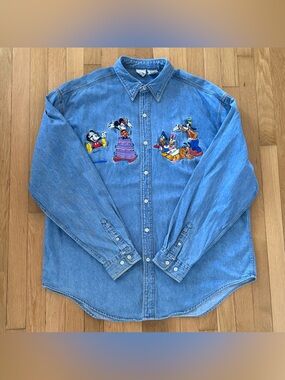 Vintage Disney Embroidered Denim Shirt Disney Store Exclusive Mickey Goofy XL
